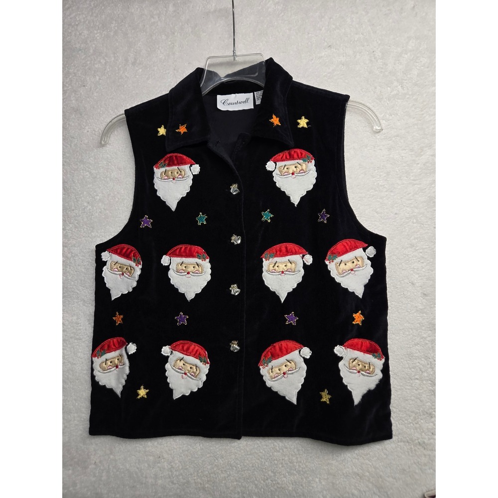 Vintage 90s Christmas Vest Black Velvet Santa Bell Buttons Womens Medium